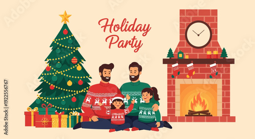 Family enjoying a cozy Christmas holiday party by the fireplace.