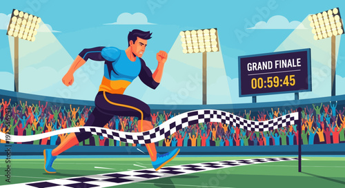 Male athlete running on track crossing finish line in a stadium.