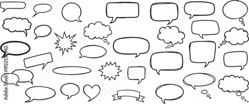 Hand-drawn speech bubbles and thought clouds, blank for text, black outline