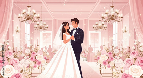 Newlywed couple in elegant wedding attire.