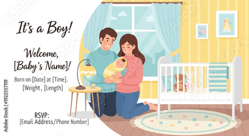 Parents holding newborn baby boy in nursery room.