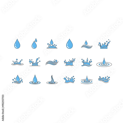 Blue Water Drop and Splash Icons: Refreshing Liquid Elements