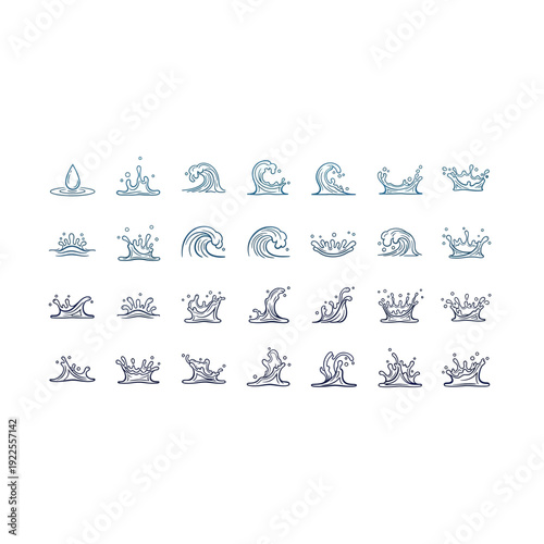 Water Splash and Wave Icons: Dynamic Liquid Motion Illustrations