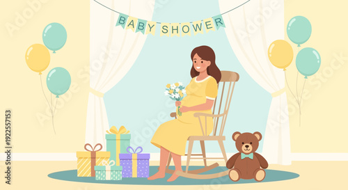Pregnant woman in yellow dress sitting on a rocking chair holding flowers at a baby shower.