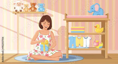 Pregnant woman preparing for babys arrival with tiny clothes.