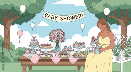 Pregnant woman opening gifts at a baby shower celebration.