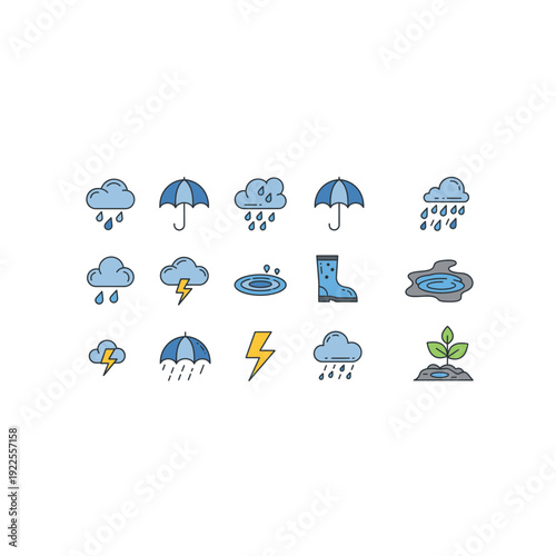 Rain and Storm Icons: Umbrellas, Clouds, Lightning, and Rain Boots