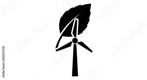 Simple black icon of wind turbine with leaf symbolizing renewable energy and sustainability.