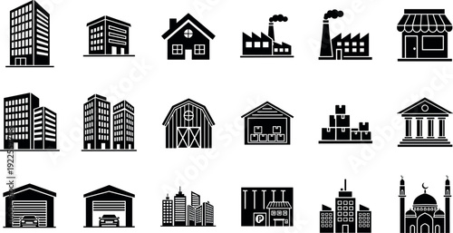 Building and architecture black silhouette icons set city industrial residential structures vector illustration