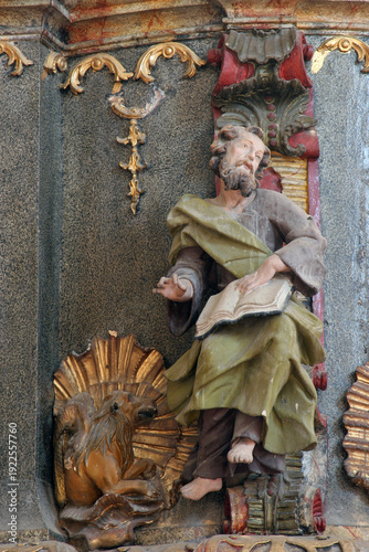 Saint Mark the Evangelist, statue on the pulpit in the parish church of St. George and St. James in Oborovo, Croatia