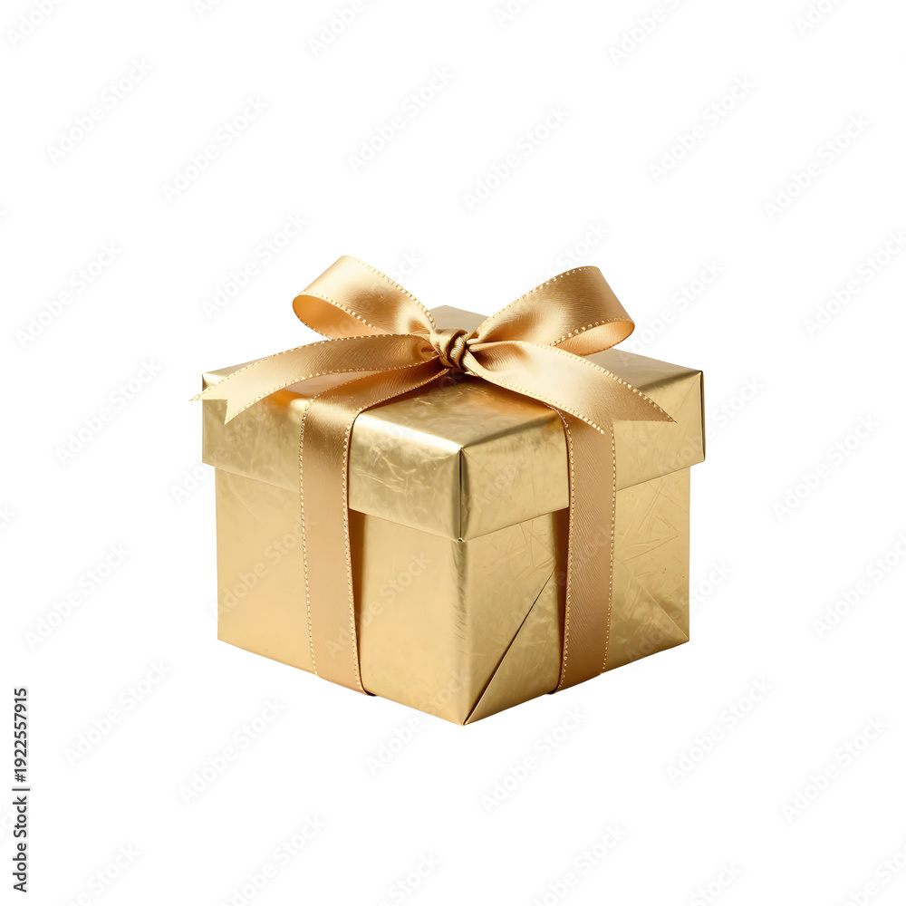Fototapeta premium Shiny gold gift box wrapped with ribbon on white background