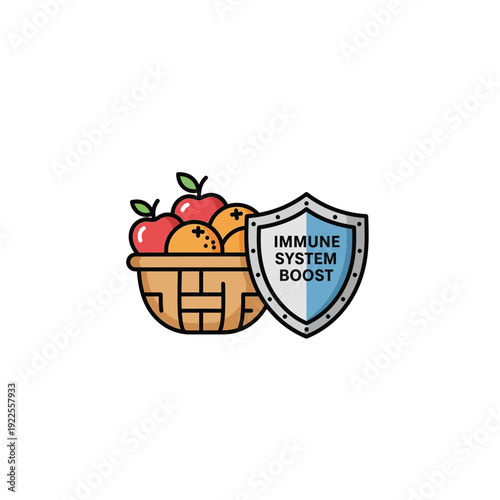 Immune System Boost Concept: Fresh Fruits and Protective Shield Icon