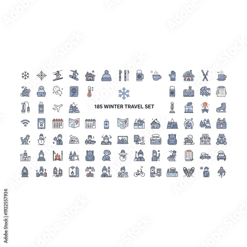 Comprehensive 185 Winter Travel and Seasonal Outline Icons Set