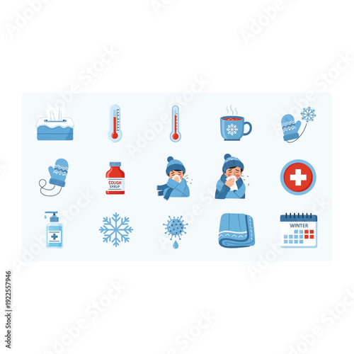 Winter Sickness and Flu Season Vector Icons Set with Medical Treatment Elements