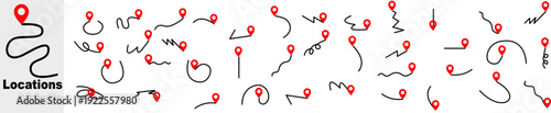 Set of red map location pins connected to black route paths in various shapes