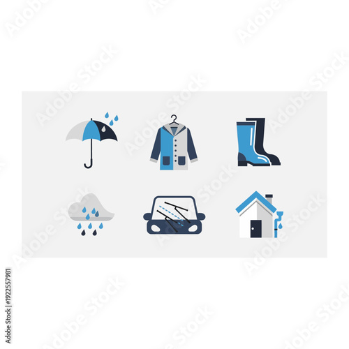 Simple Rainy Day Essentials Flat Vector Icons Set