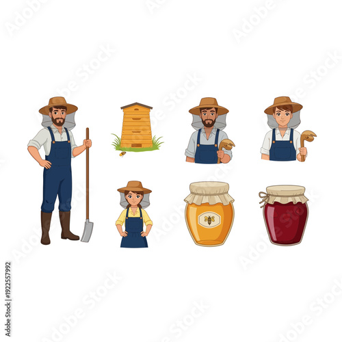 Rural Beekeeping and Honey Production Cartoon Vector Illustrations Set