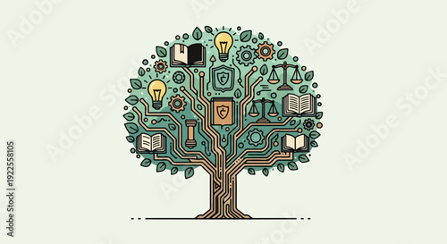 Illustration of a tree with a circuit board pattern and various icons in its leaves on a light green background.