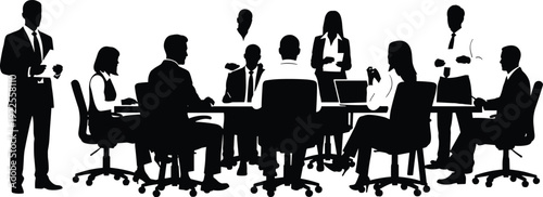 Business meeting silhouette vector illustration, group of corporate people sitting at table and manager standing presenting strategy isolated