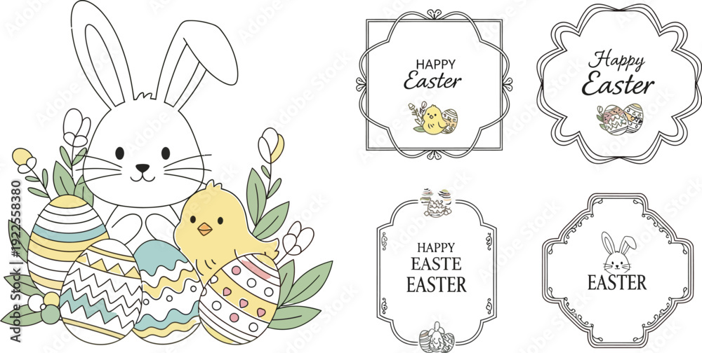 Fototapeta premium Adorable collection featuring a cute cartoon white bunny surrounded by colorful decorated easter eggs and a small yellow chick with floral elements.