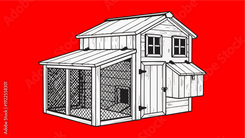 Charming Hand Drawn Chicken Coop Illustration with Wire Run on Bright Red Background