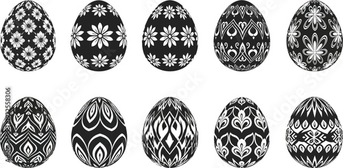 Collection of ten decorative black and white patterned Easter eggs featuring intricate floral and geometric designs against a white background