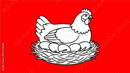 White Hen Sitting on Nest with Eggs Isolated on Bright Red Background