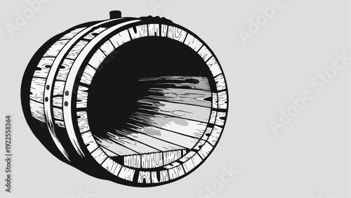 Black and White Illustration of an Empty Wooden Barrel on Gray Background