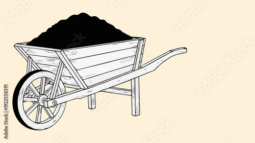 Vintage Wooden Wheelbarrow Full of Rich Black Soil or Compost for Gardening
