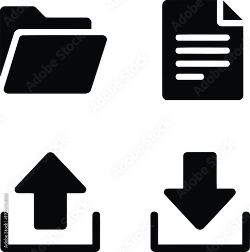 Four black icons representing file management and transfer operations on a white