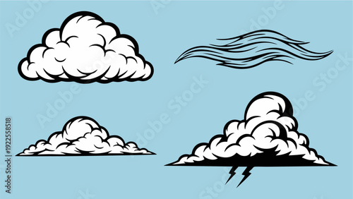 Collection of Four Stylized Cartoon Cloud Illustrations in Black and White Vector Art