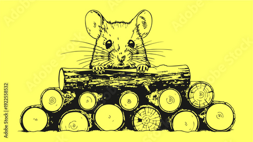 Charming Hand Drawn Mouse Peeking Over Stacked Firewood Logs Illustration on Yellow Background