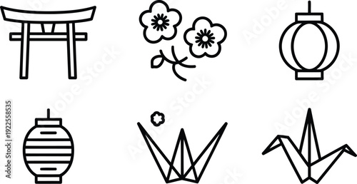 Six Japanese cultural icons: torii gate, cherry blossoms, paper lantern, origami,