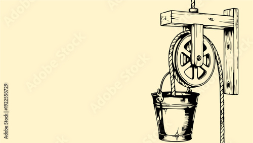 Vintage Wood Water Well Pulley System with Bucket Sketch Isolated on Beige Background