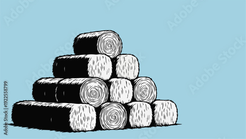 Stacked Round Hay Bales Illustration in Minimalist Black and White Style on Blue Background