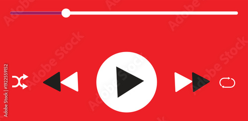 A minimalist media player interface with play, pause, skip, shuffle, and repeat controls on a vibrant red background, featuring a progress bar.