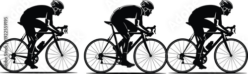Cyclist silhouette vector illustration set, group of men riding road racing bicycles isolated on white background for sports design