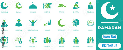 Ramadan solid icon set. Islamic Religious Modern Fasting Spiritual and more  Perfect vector Icons collection.