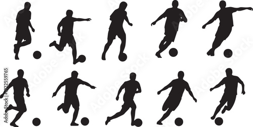 Silhouettes of soccer players in various dynamic poses with a ball isolated on white background, Vector