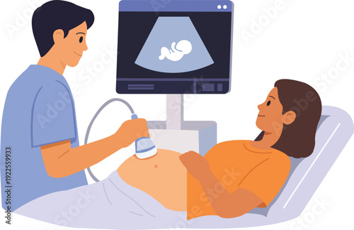 Doctor performs ultrasound on pregnant woman to check baby's health in clinic setting during daytime