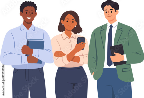 Group of three professionals standing together in a casual setting, showing teamwork and collaboration while holding devices and folders