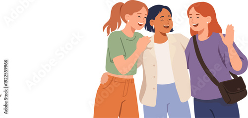 Group of three friends enjoying time together, sharing smiles and laughter, all dressed casually, in a light-hearted moment