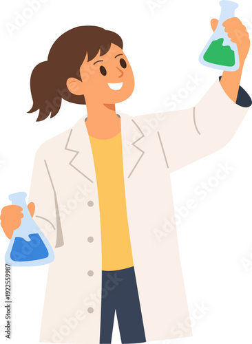 Scientist in a lab holds flasks containing green and blue liquids while looking happy and engaged in an experiment