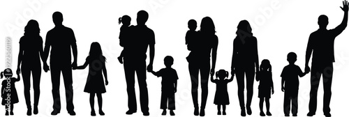 Happy family silhouette vector illustration set, parents holding hands with children, mother holding baby and father waving hand