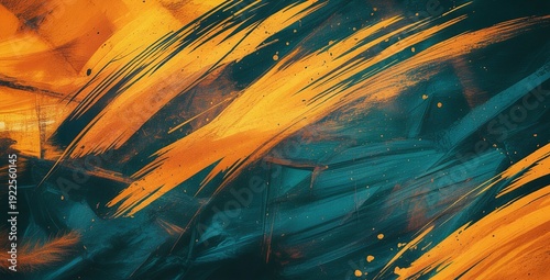 Energetic Orange and Teal Abstract Paint Strokes with Textured Splatter Background