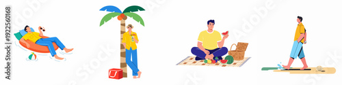 Men enjoying diverse summer activities: relaxing on a float, sipping cocktails under a palm tree, having a picnic, and walking on the beach.