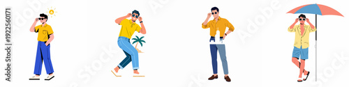 Stylish men wearing sunglasses in various sunny settings, enjoying leisure, vacation, and urban summer vibes, reflecting fashion and relaxation. Summer lifestyle concept.