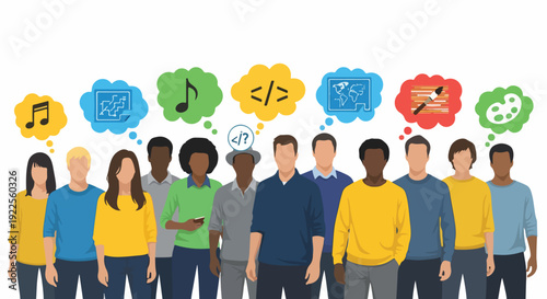 Diverse group of people standing together with thought bubbles containing various symbols above their heads on a white background.