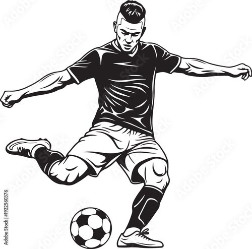 A dynamic illustration of a soccer player in action, kicking a ball with precision and power. isolated on white background, Vector