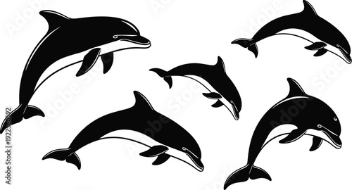 Jumping dolphin silhouette vector illustration set, collection of black marine mammals swimming and diving isolated on white background